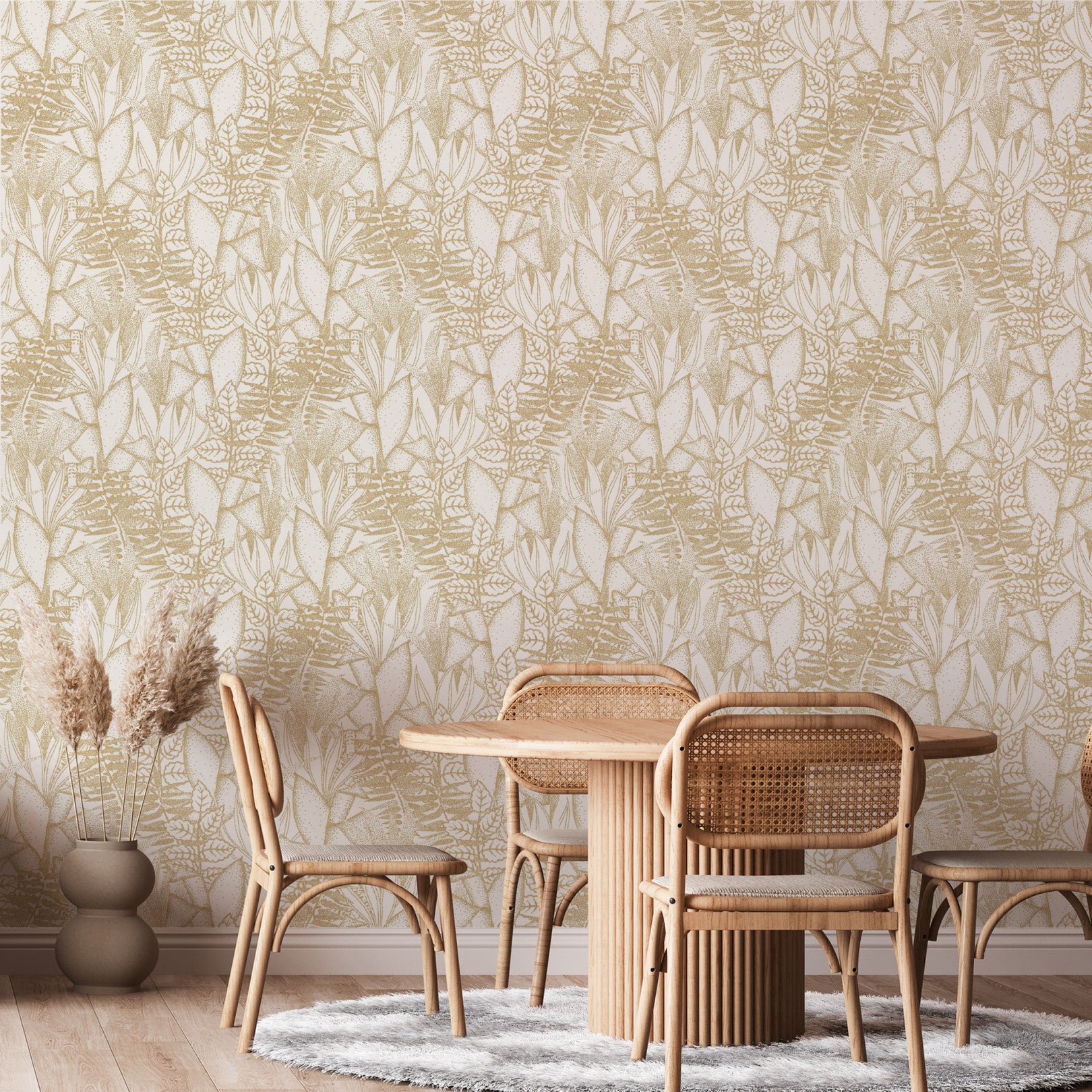 Structural wallpaper with a tropical leaf pattern ALTAICA - MARINE navy blue with gold