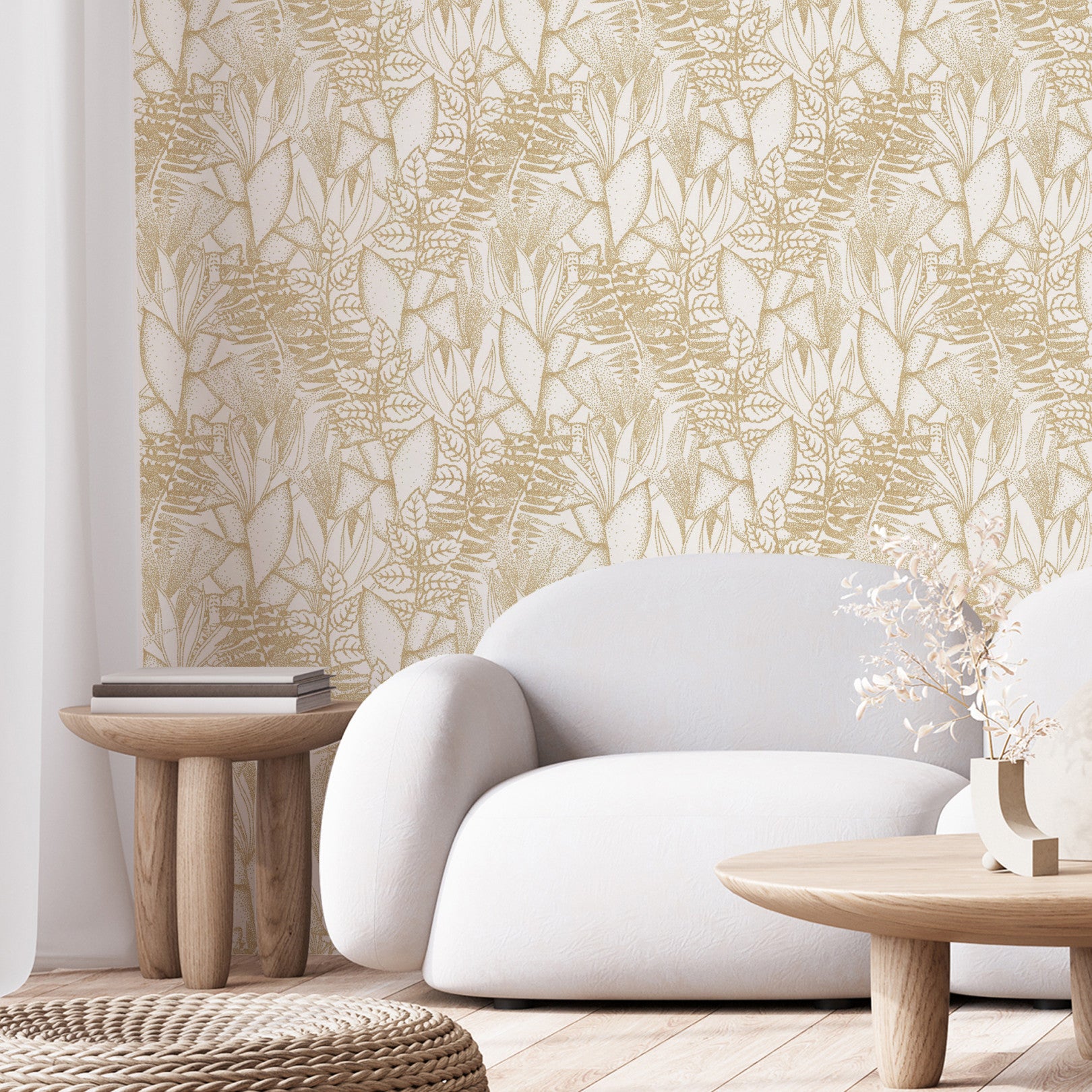 Structural wallpaper with a tropical leaf pattern ALTAICA - MARINE navy blue with gold