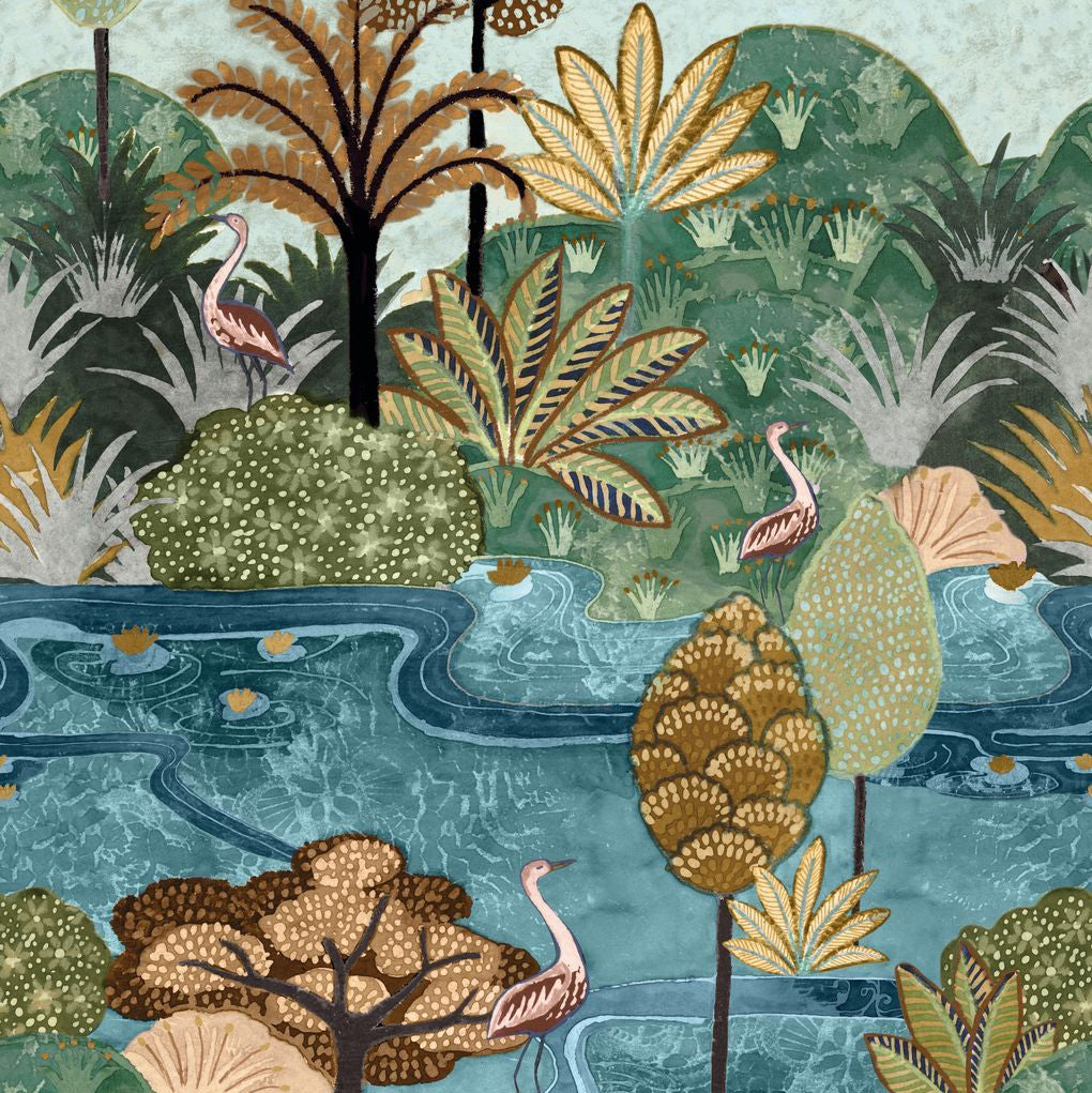 Nástenná maľba s rastlinným a zvieracím motívom vtákov ARUBA - MULTICOULEURS zelená s modrou