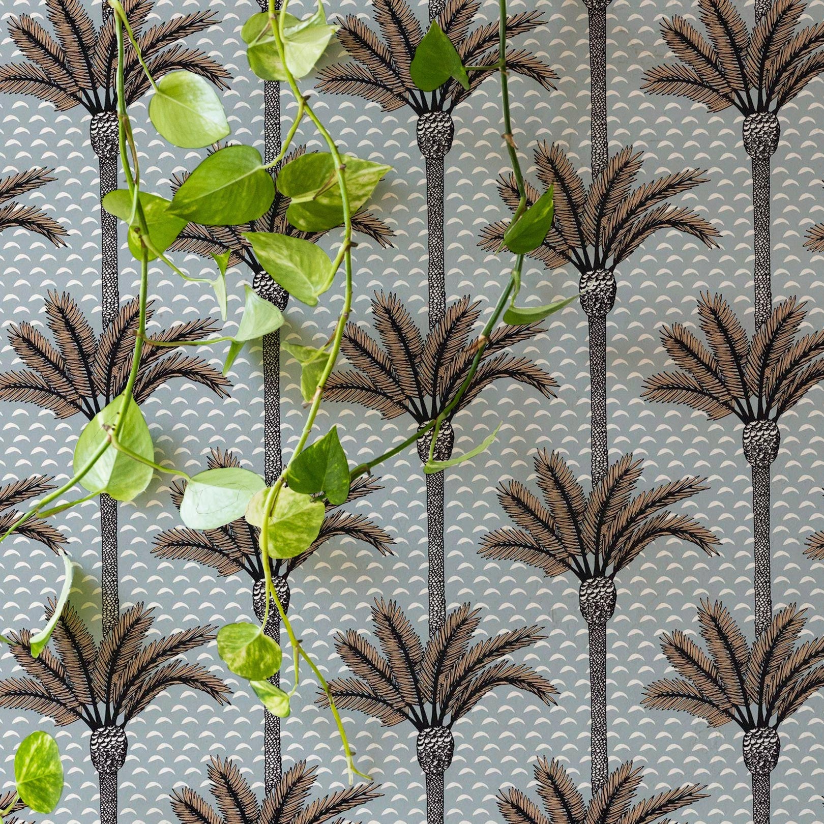 Structural wallpaper with a plant motif in palm trees ATLAS - PIERRE BLEUE light blue with brown