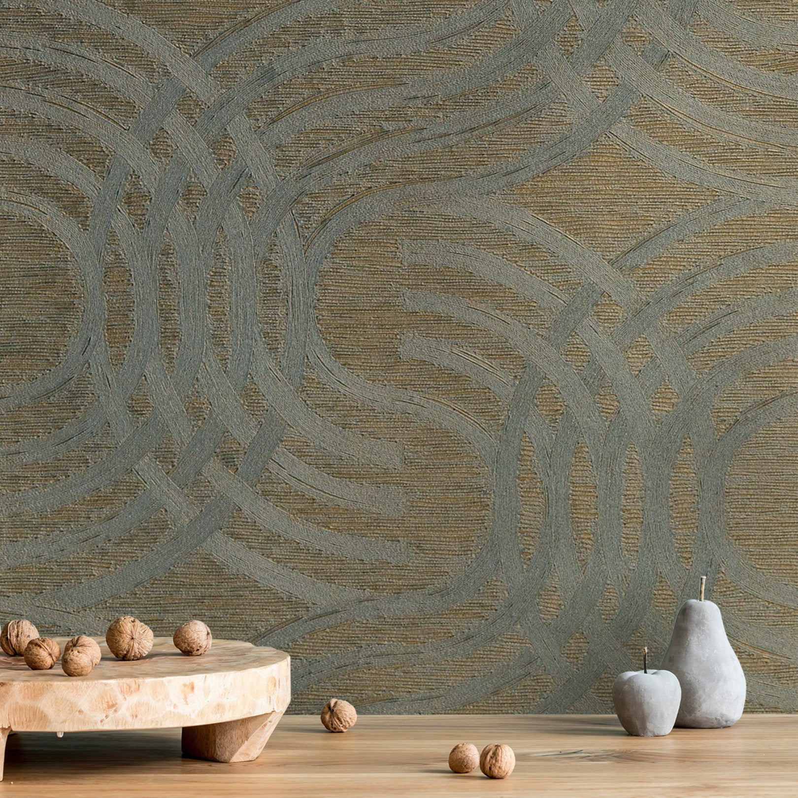 Metallic Wallpaper with Abstract Pattern AURARIA - VERT DE GRIS/DORE Green with Gold