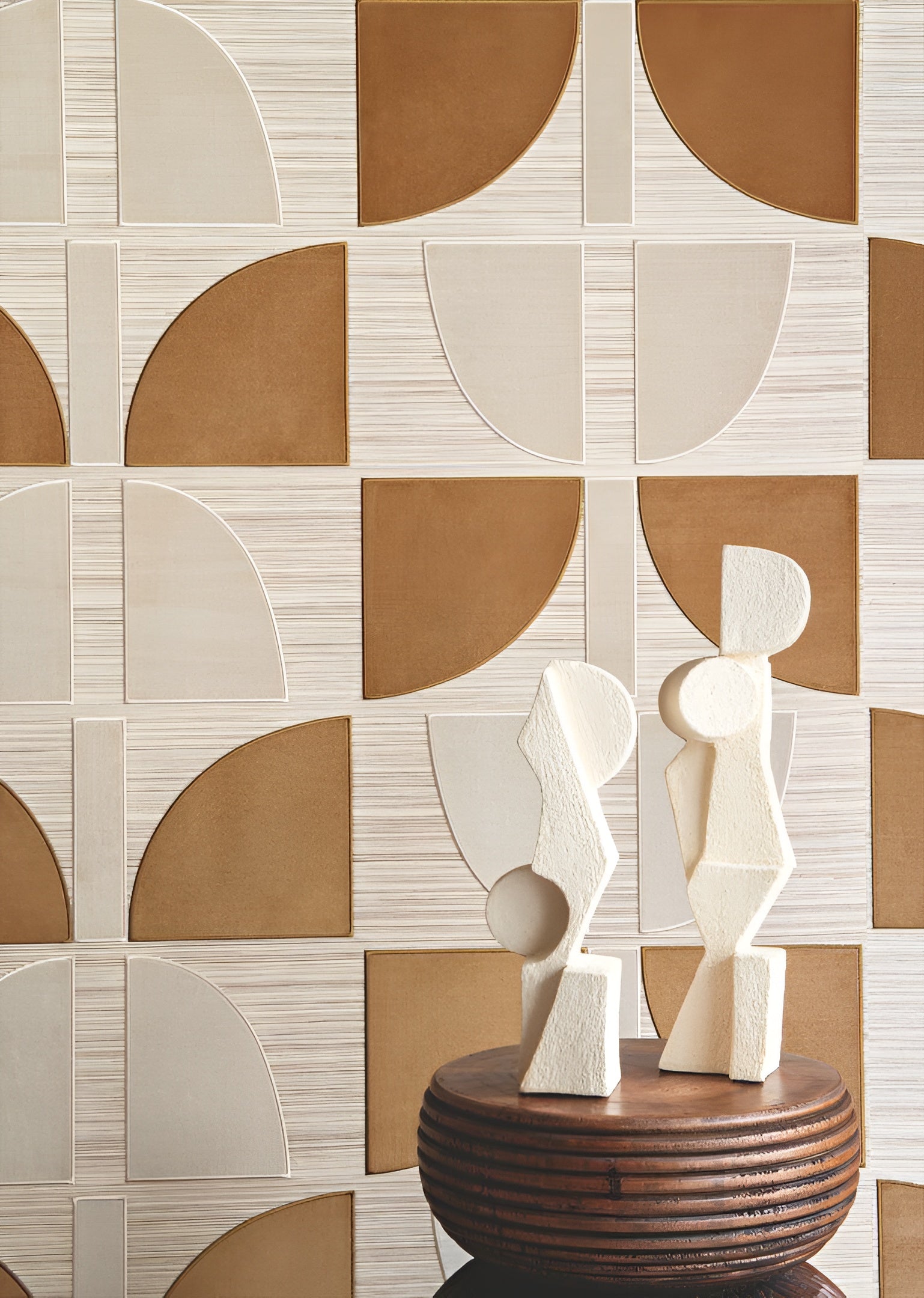 Tapeta z rastlinných vlákien s geometrickým vzorom HIKARI - BEIGE OCRE béžová s oranžovou