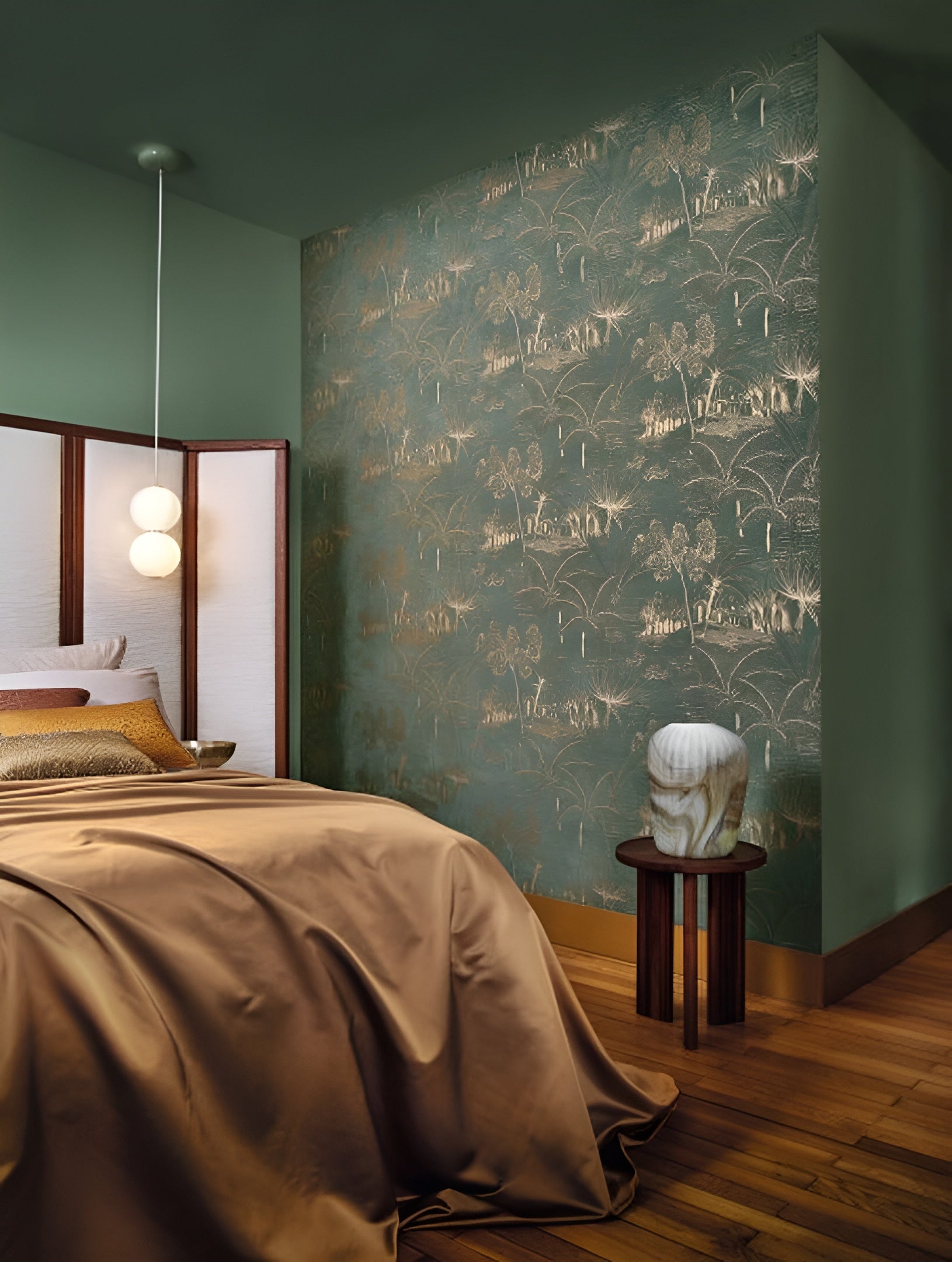 Tapeta s krajinou a rastlinným motívom BAHARIA - VERT DE GRIS/DORE zelená so zlatou