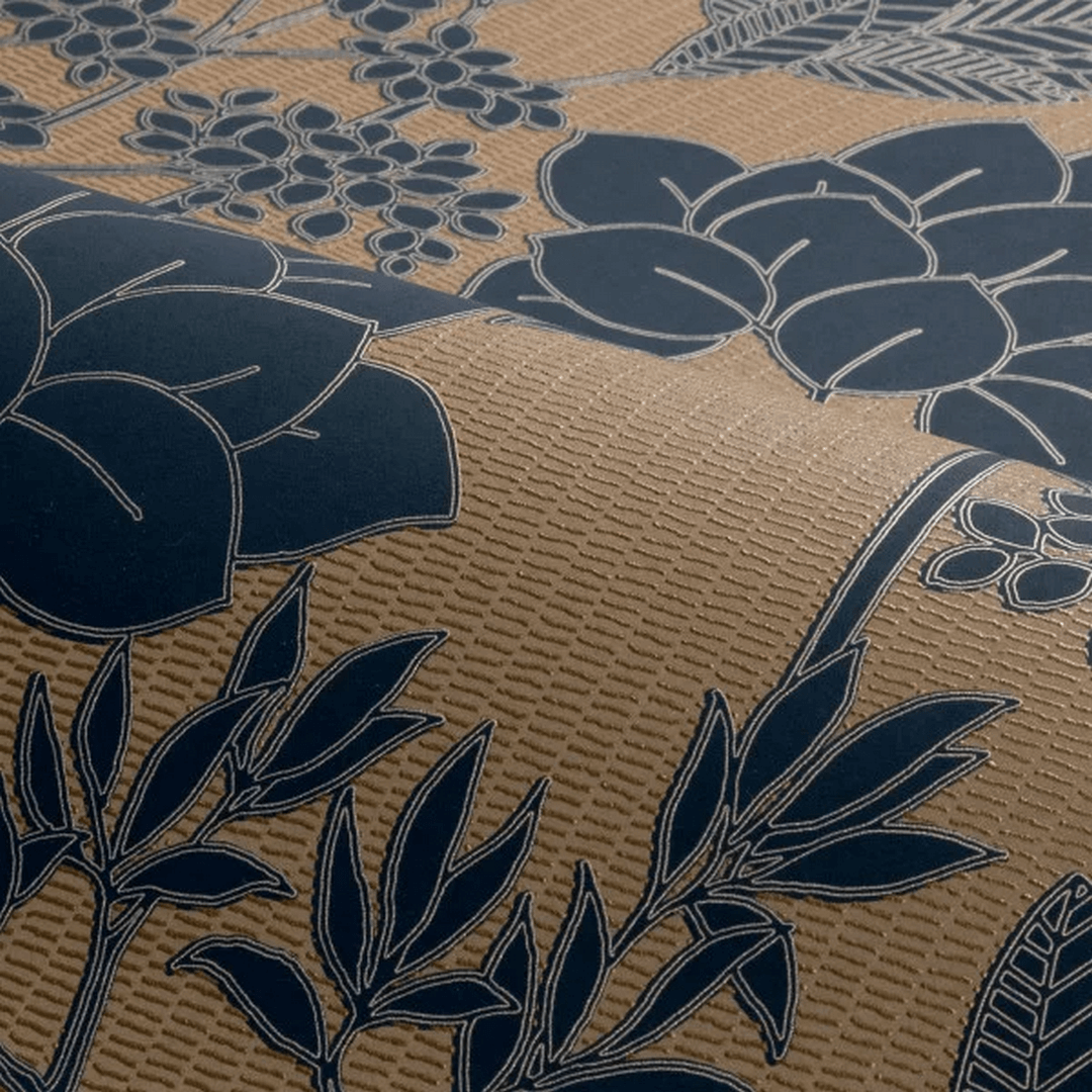 Structural wallpaper with a floral pattern of leaves and flowers INARA - NOIR/DORÉ dark beige