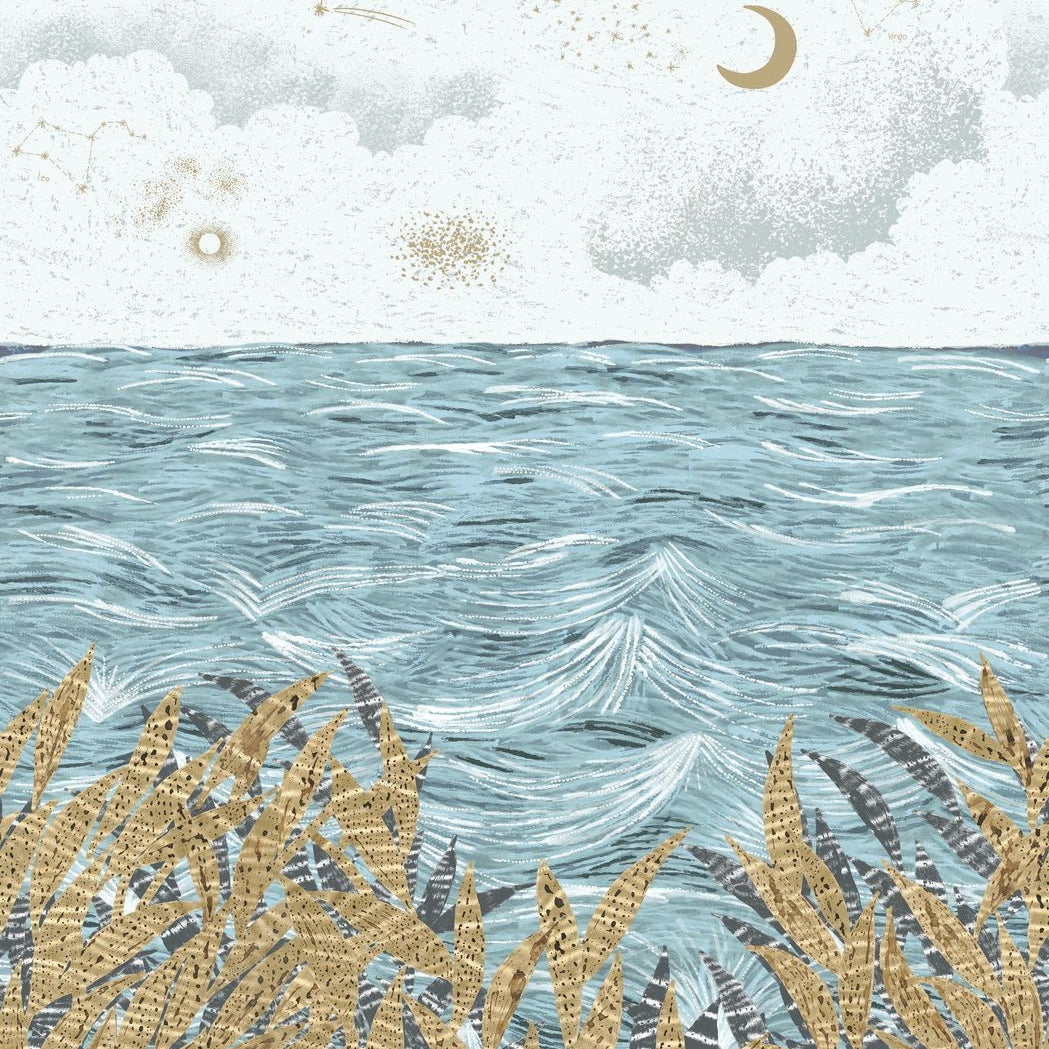 Seascape Mural CALLISTO - SKY BLUE/ GOLD beige with blue