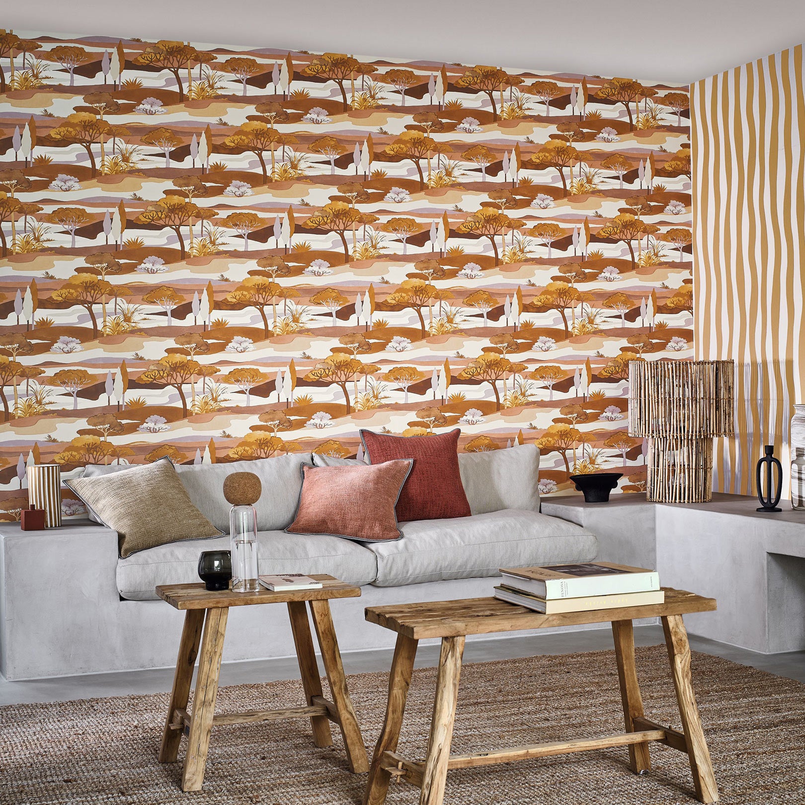 Tapeta s krajinou a rastlinným motívom CAP FERRET - OCRE/NUDE oranžová s béžovou