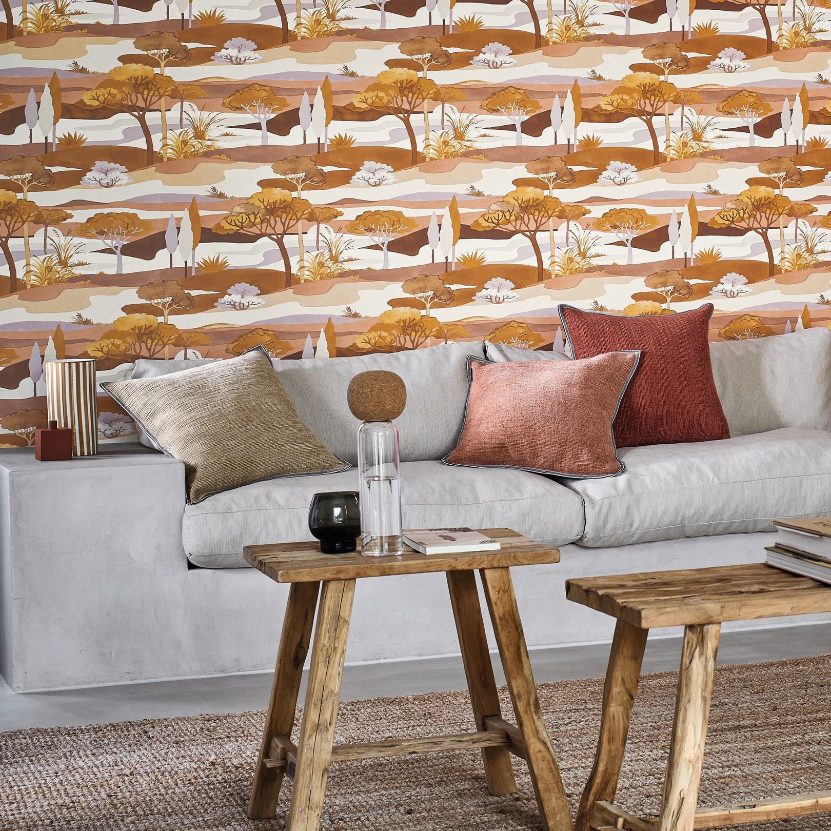 Tapeta s krajinou a rastlinným motívom CAP FERRET - OCRE/NUDE oranžová s béžovou