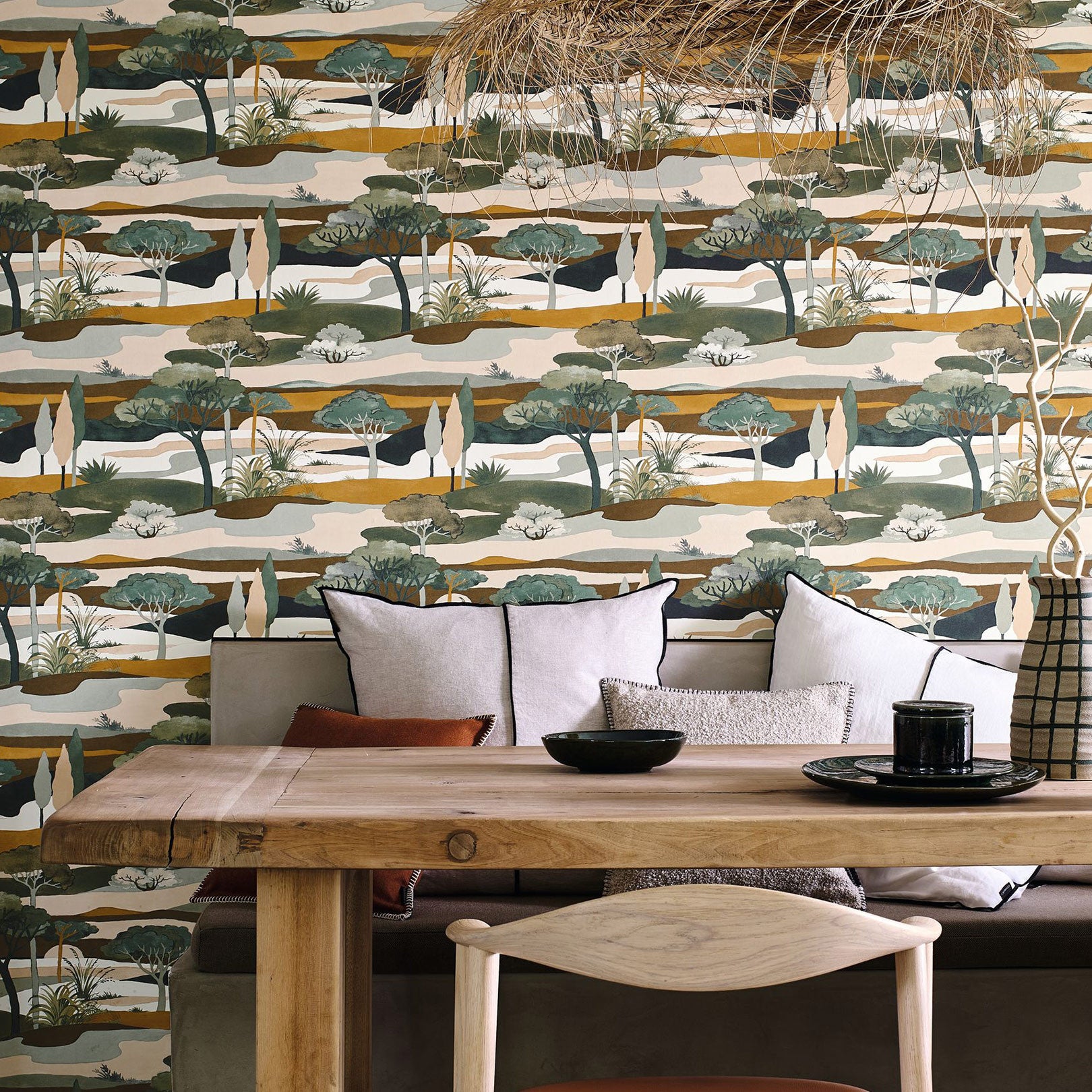 Landscape wallpaper with a plant motif CAP FERRET - CYPRÈS/OCHRE green with brown