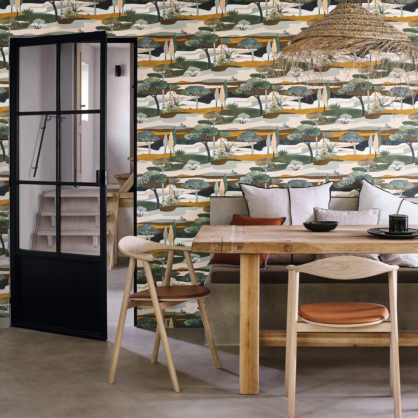 Landscape wallpaper with a plant motif CAP FERRET - CYPRÈS/OCHRE green with brown