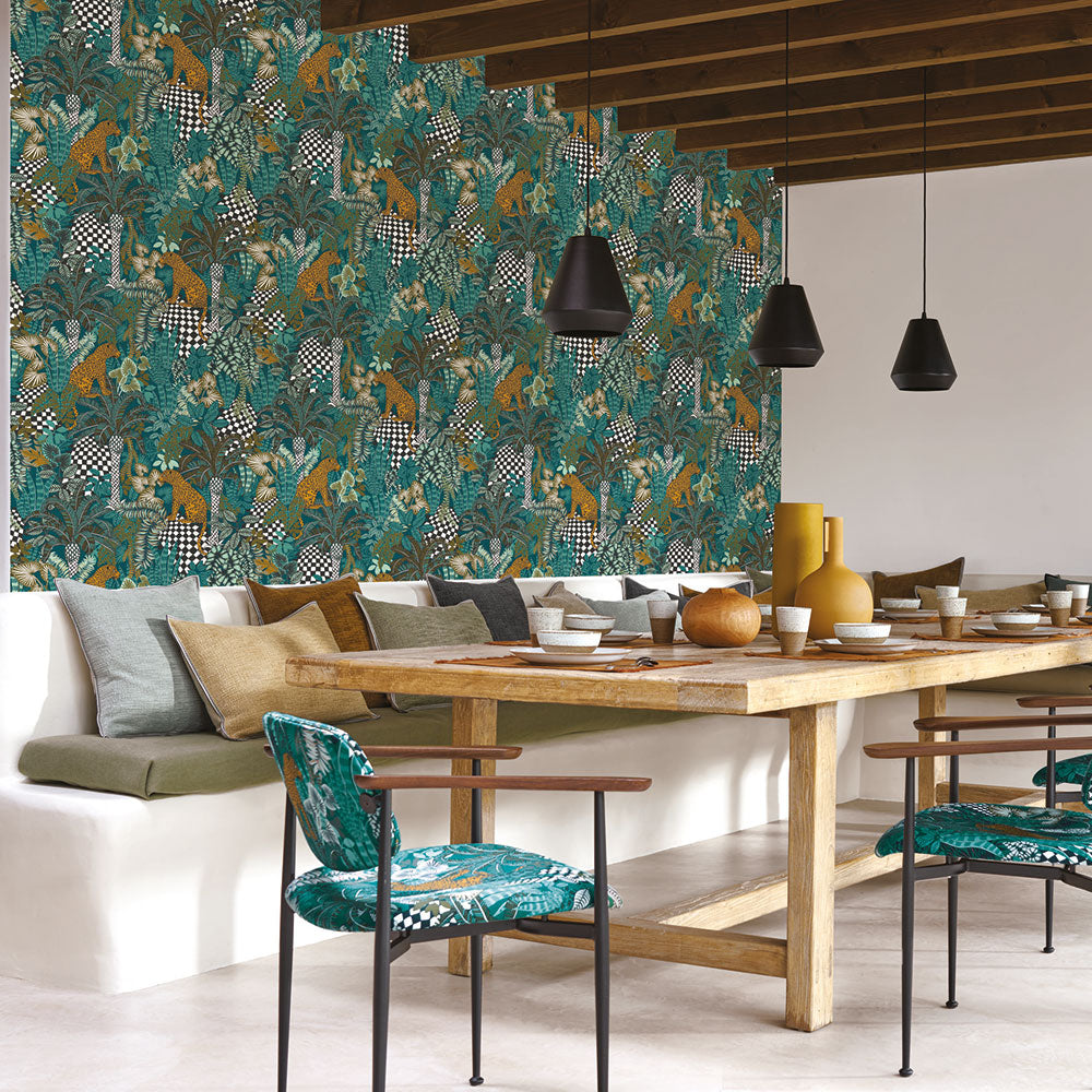 Structural wallpaper with a plant and animal motif BELIZE - ENCRE/KAKI khaki with yellow