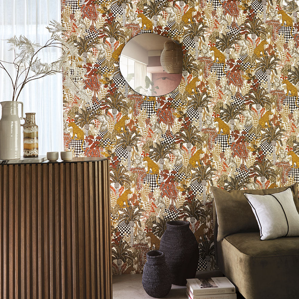 Structural wallpaper with a plant and animal motif BELIZE - ENCRE/KAKI khaki with yellow