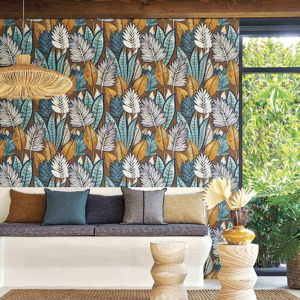 SABAL Structural Wallpaper with Plant Motif - TABAC/CELADON Brown with Celadon Green
