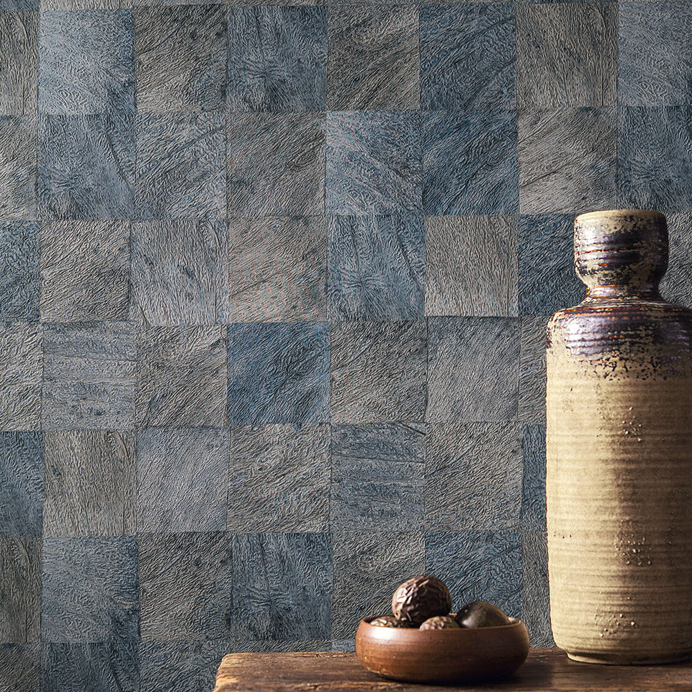 Structural wallpaper with a geometric wood-like pattern ABALE - MARINE dark blue