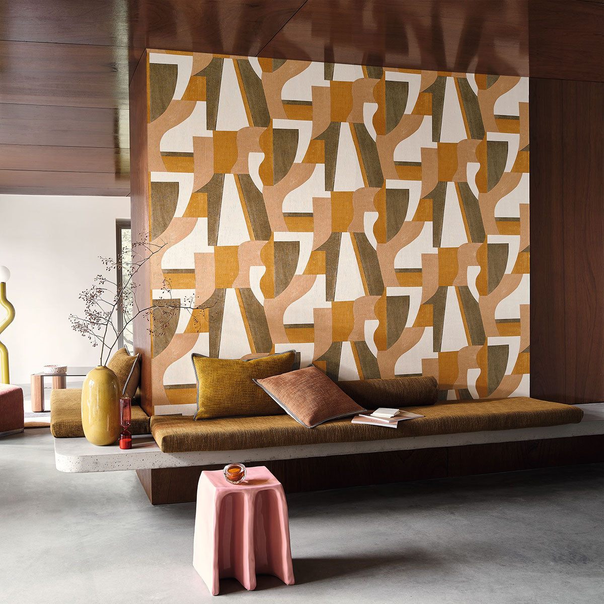 GINO Structural Wallpaper with Geometric Pattern - OCRE/NUDE Orange with Brown