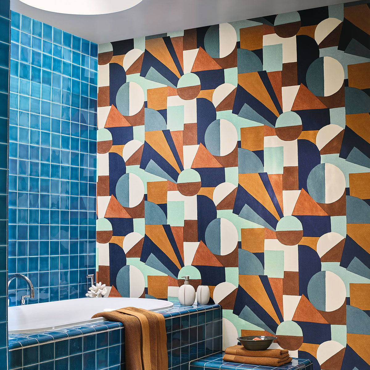Structural wallpaper with a geometric pattern SONIA - MULTICO blue with orange