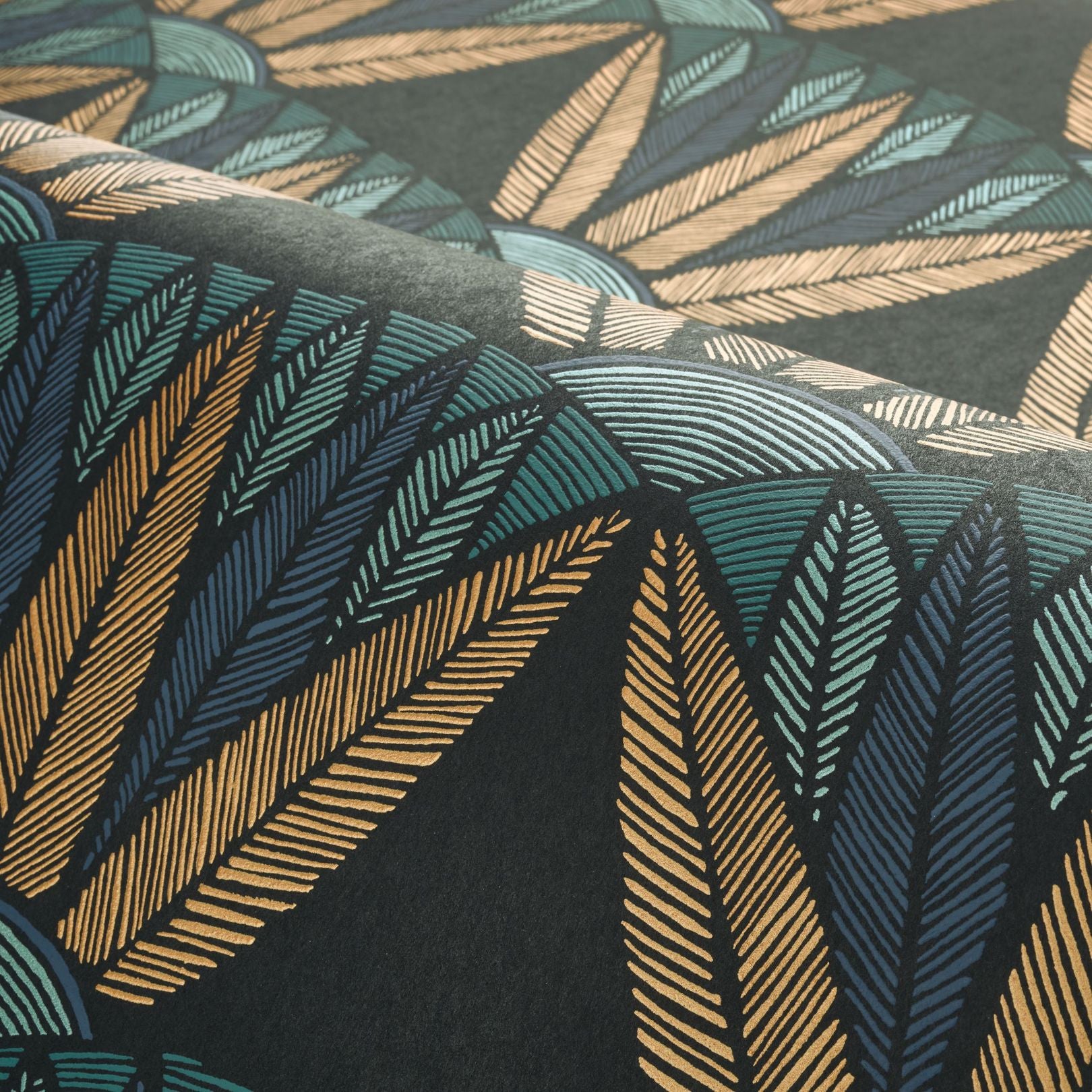 CASTALIA Lotus Flower Pattern Wallpaper - NOIR/TOPAZE Black with Blue