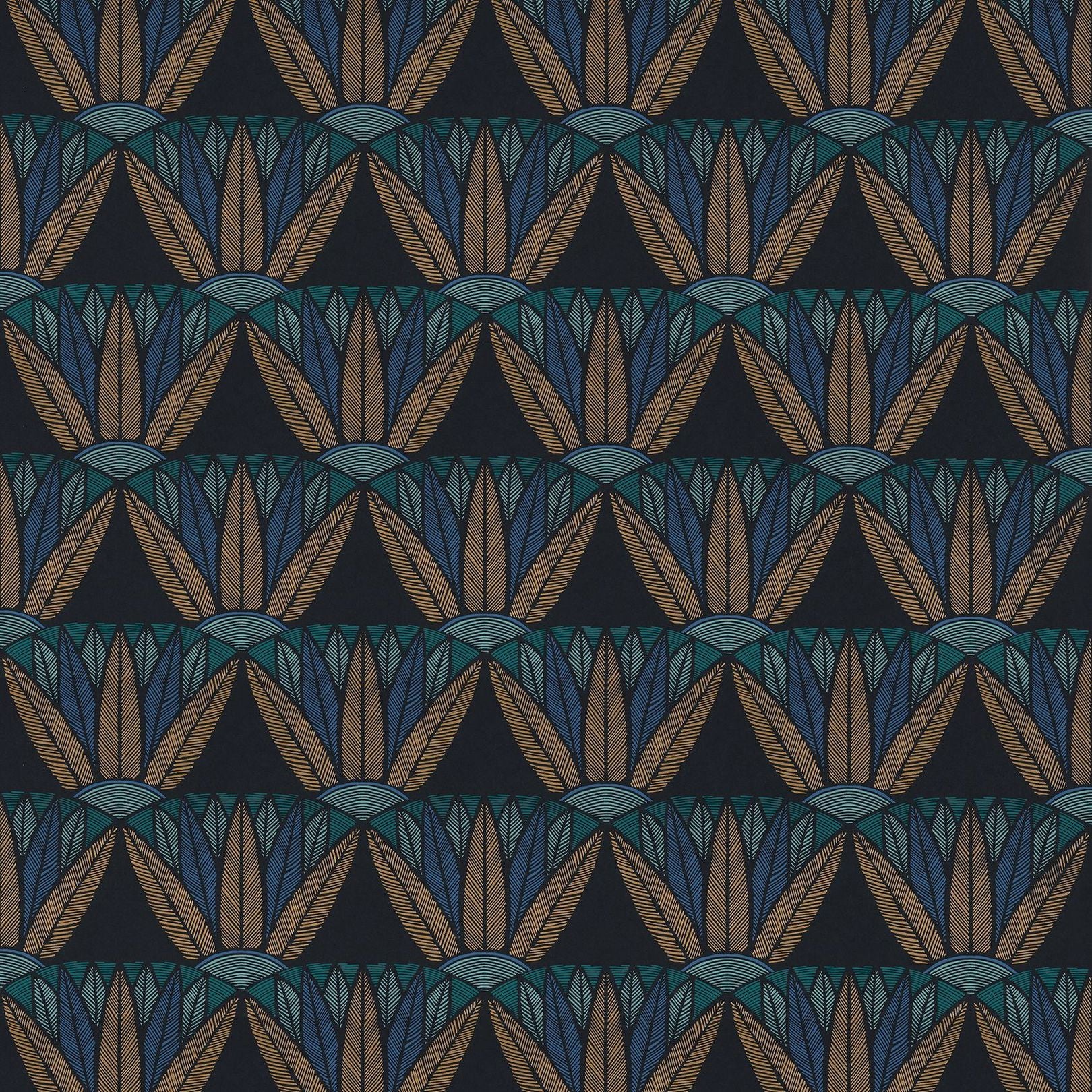 CASTALIA Lotus Flower Pattern Wallpaper - NOIR/TOPAZE Black with Blue