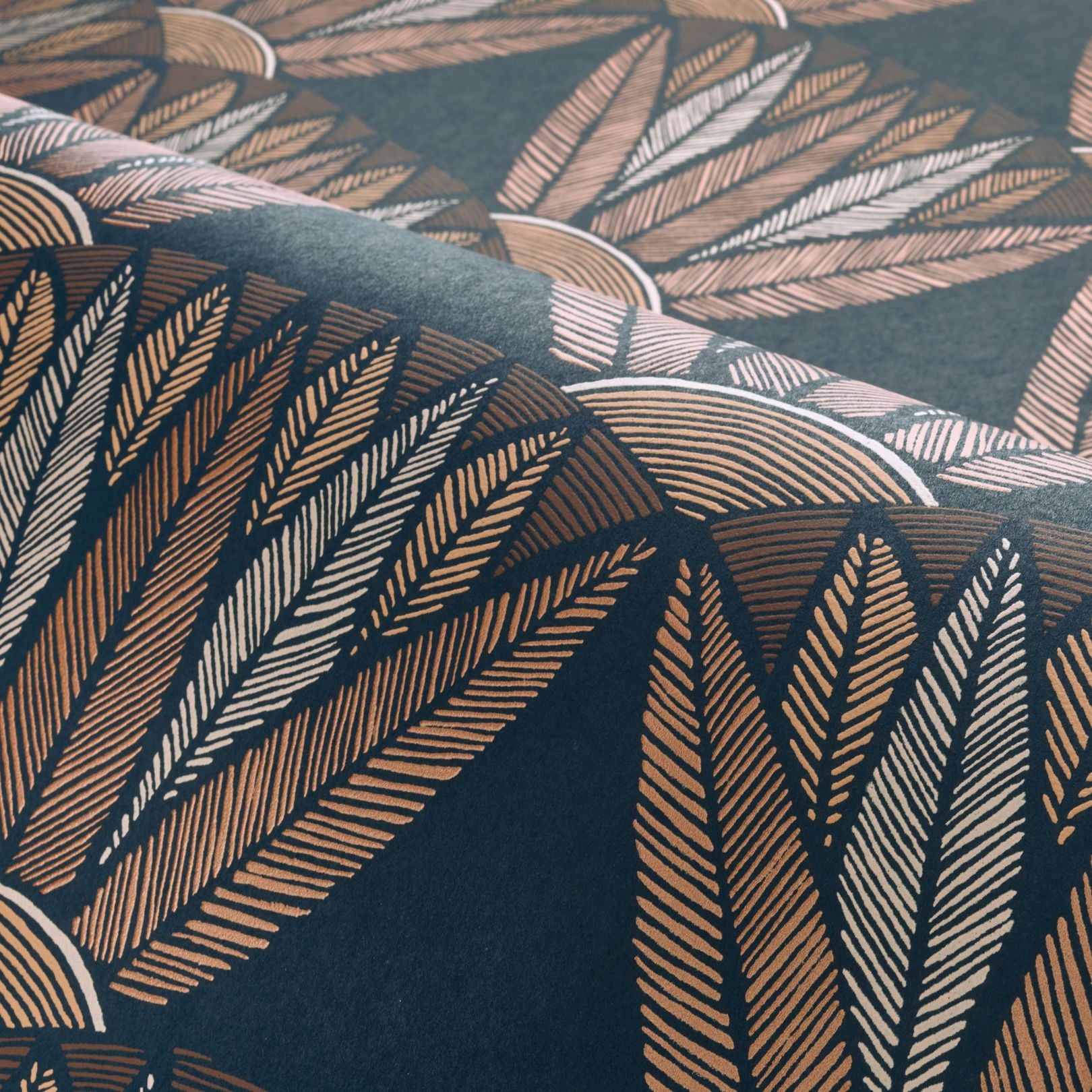 CASTALIA Lotus Flower Plant Motif Wallpaper - MARINE/TERRACOTTA Navy with Terracotta