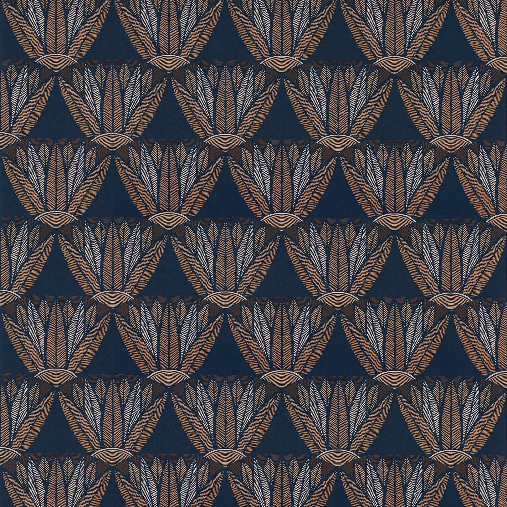 CASTALIA Lotus Flower Plant Motif Wallpaper - MARINE/TERRACOTTA Navy with Terracotta