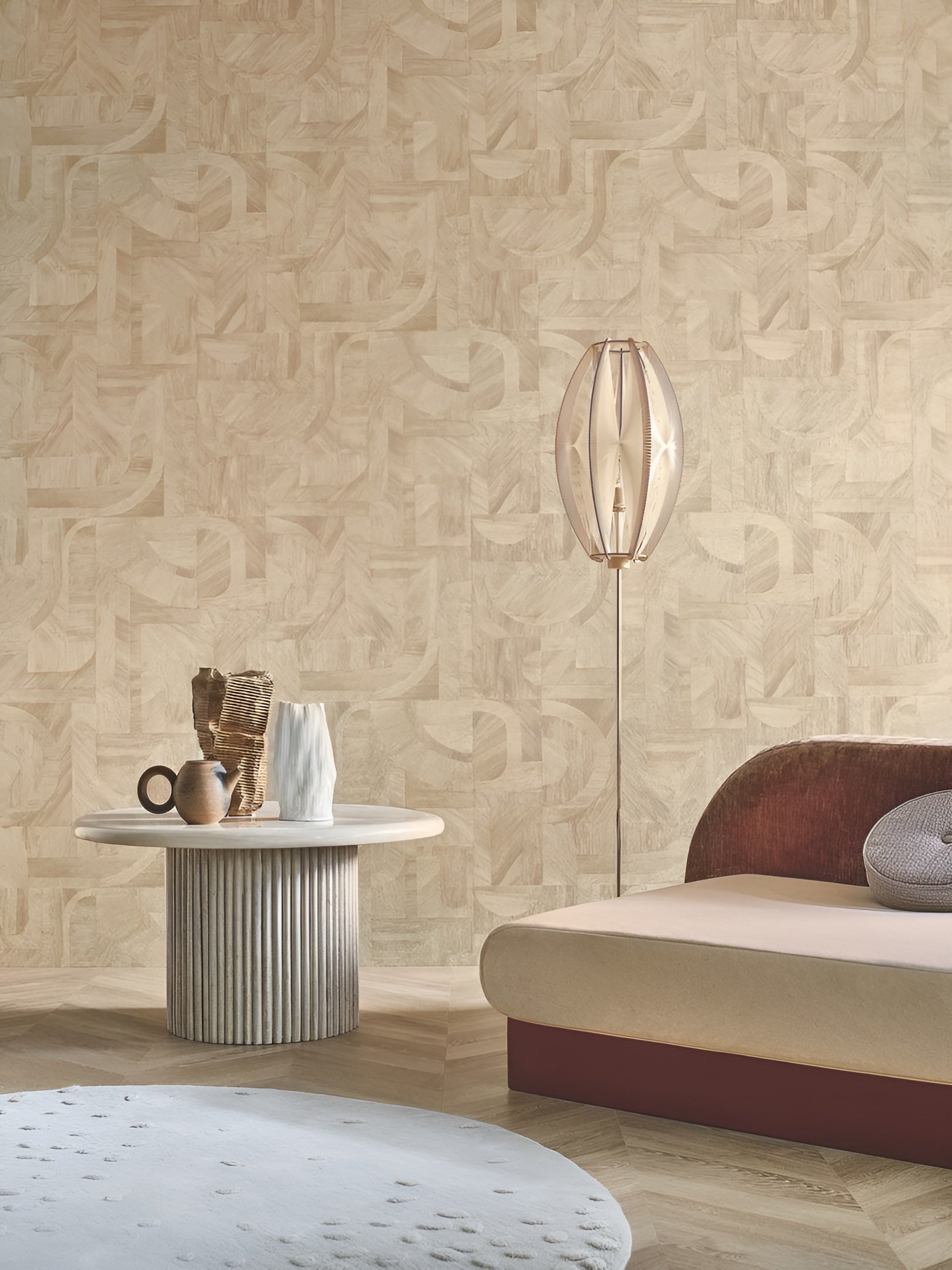 Geometric wood-like structural wallpaper with mosaic pattern INTARSIA - ÉBÈNE ebony