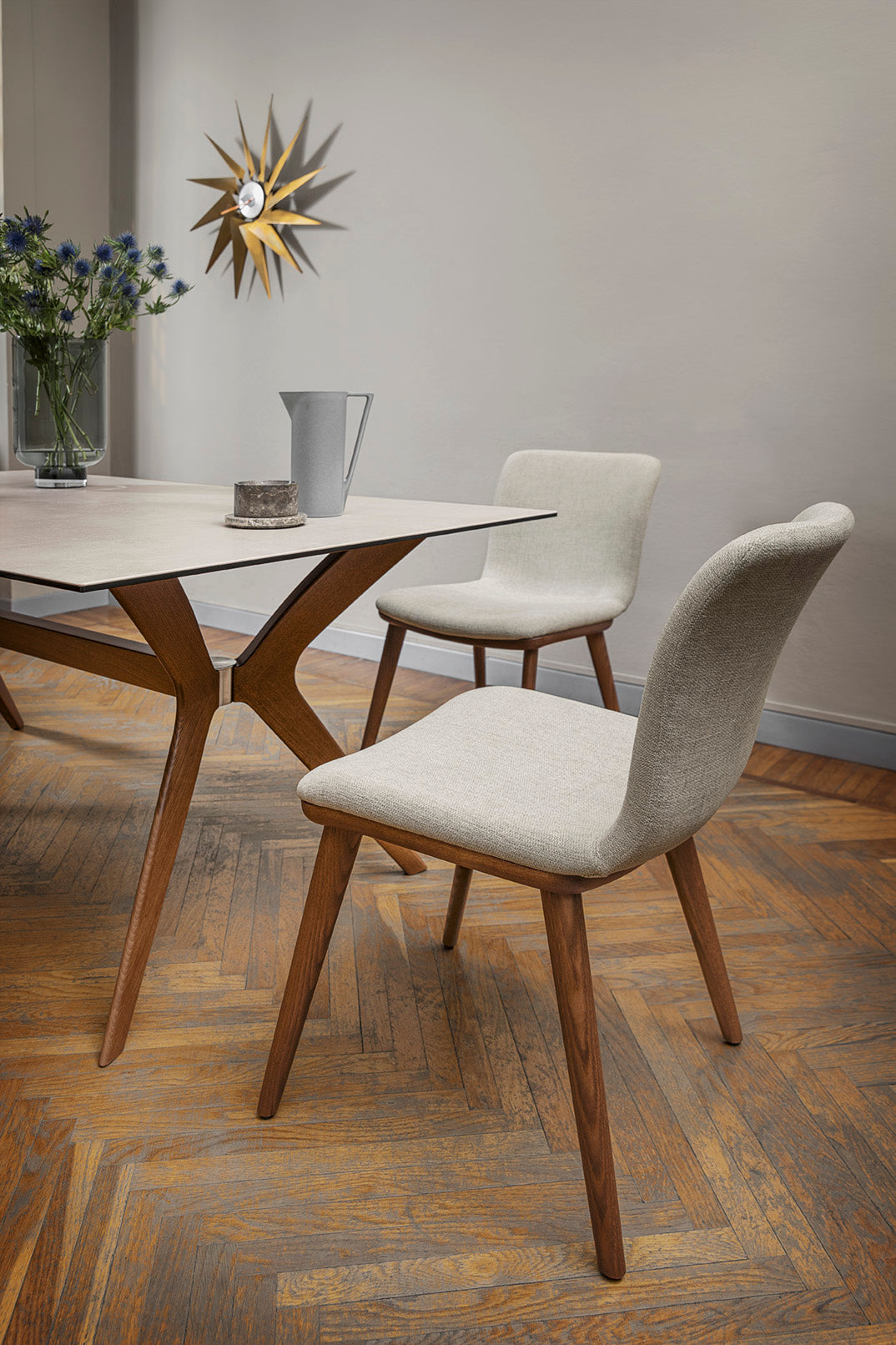 Upholstered ANNIE Chair with Dark Wooden Base