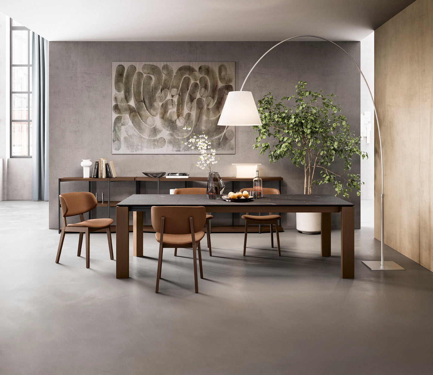 Extendable table OMNIA with a gray top and dark wooden base