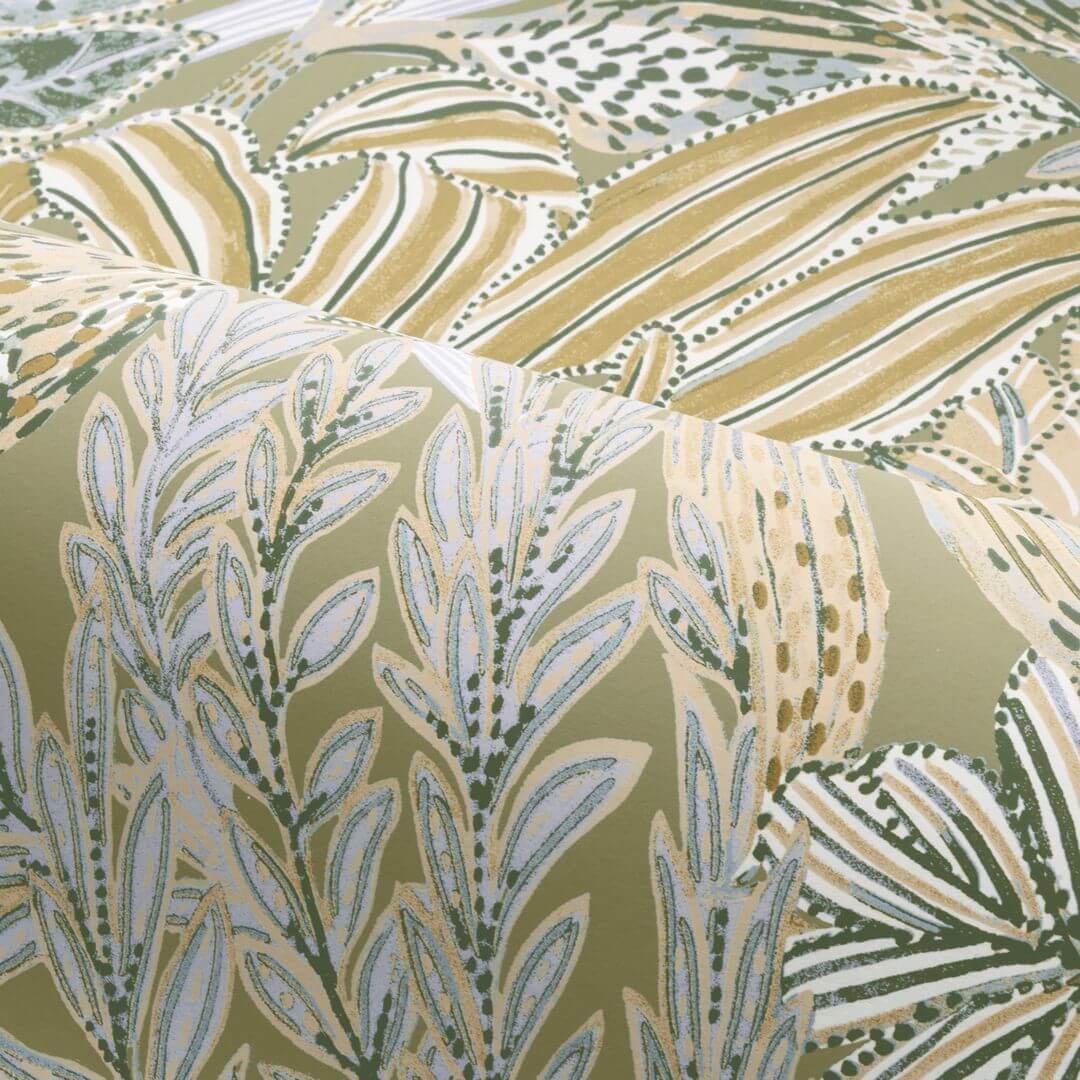 Tapeta s motívom tropických listov BORROMMEE - SAUGE/LILAS béžová s lila farbou