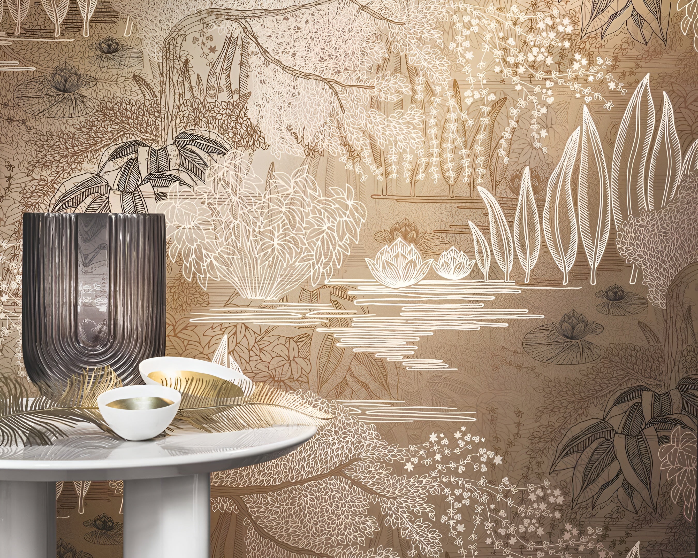 Wallpaper with a plant landscape of a water garden JASMIN - DORÉ gold