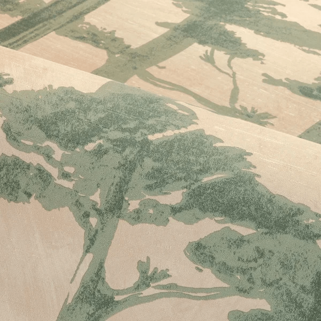 Structural wallpaper with an oriental tree plant motif AME - SABLE/EUCALYPTUS beige with green