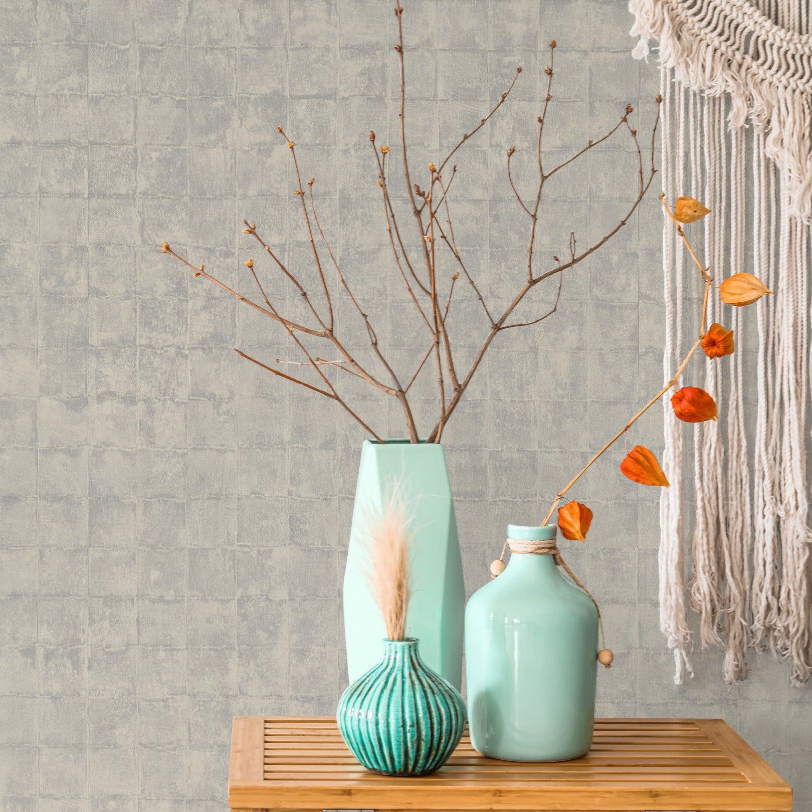 Tapeta so štruktúrou napodobňujúcou dlaždice FAENZA - GALET šedo-bežová