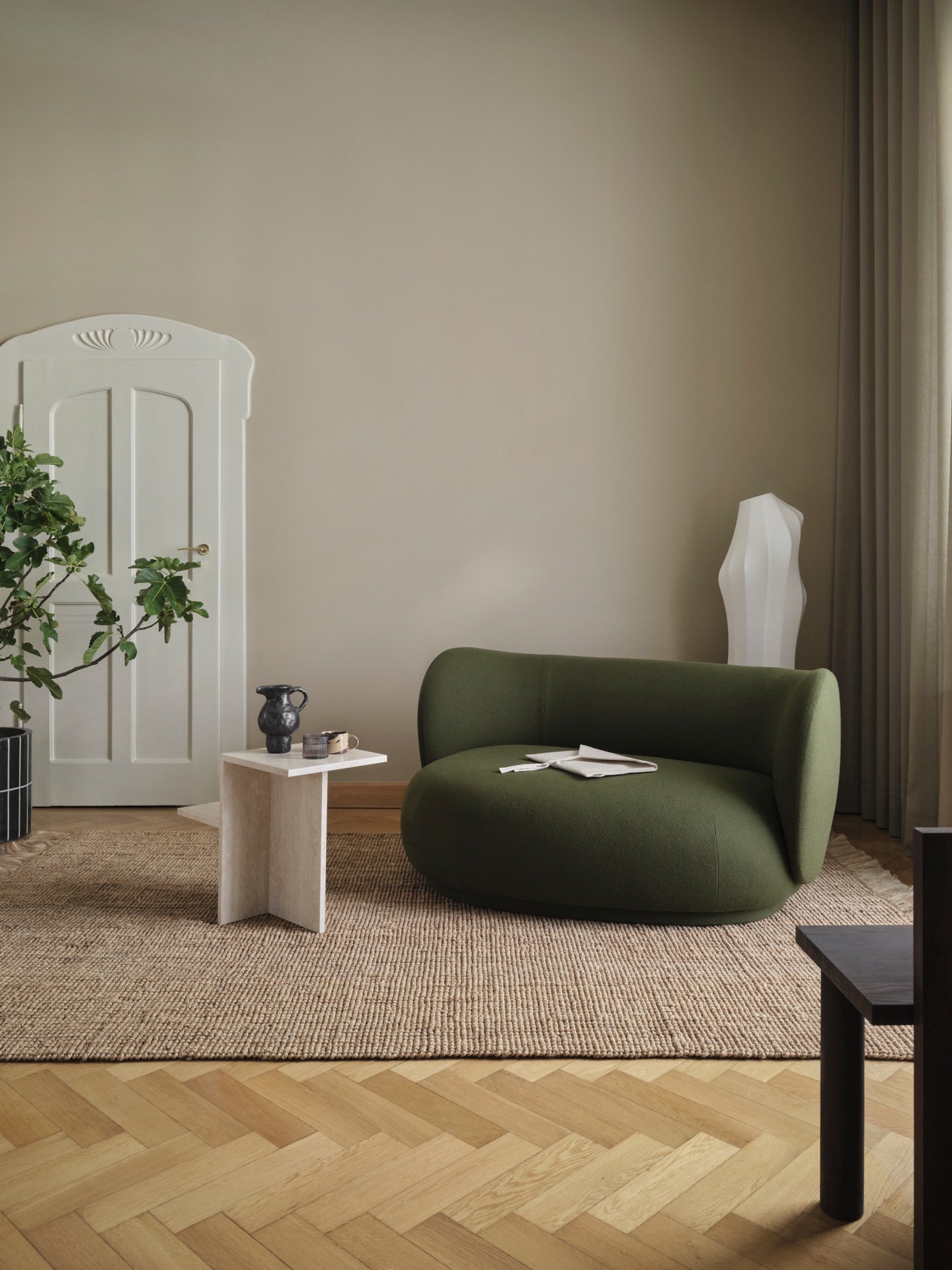 DISTINCT side table in sandy travertine
