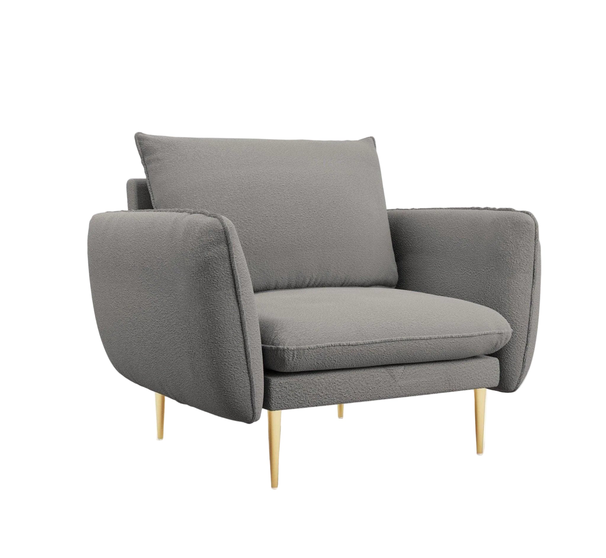 Fotel w tkaninie boucle VIENNA szary ze złotą podstawą Cosmopolitan Design    Eye on Design