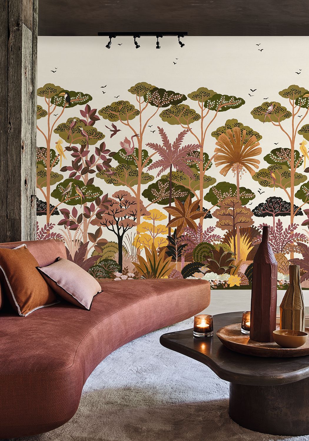 Štrukturálna nástenná maľba s rastlinným motívom stromov KANDY - BLANC/MULTICO béžová so zelenou