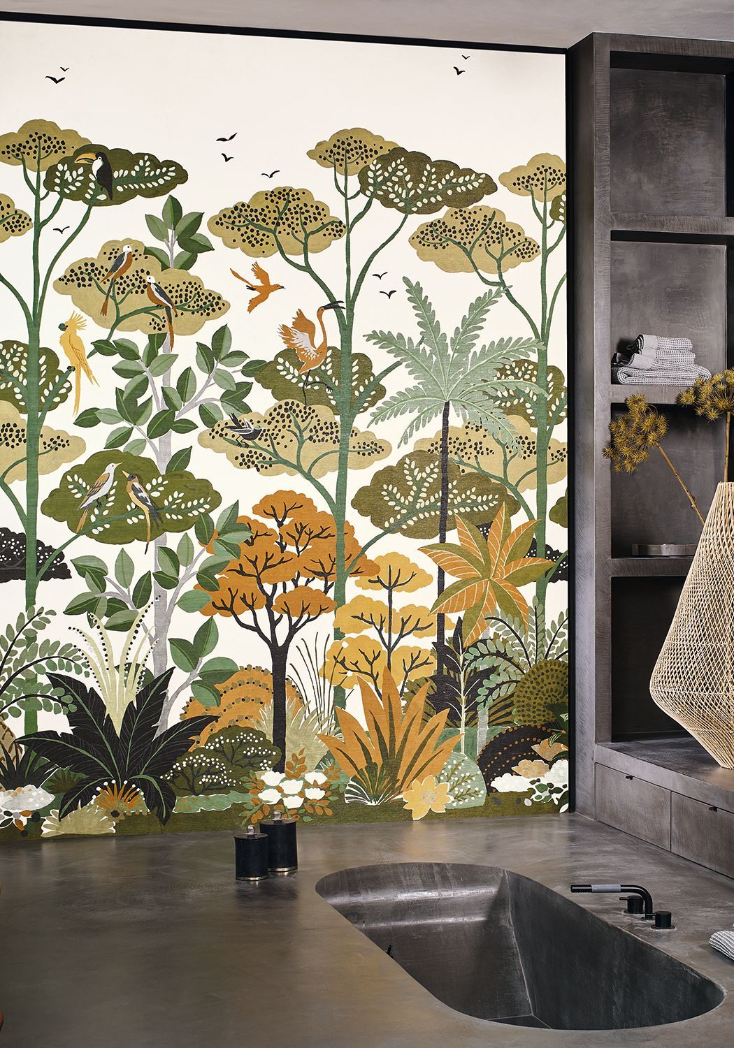 Štrukturálna nástenná maľba s rastlinným motívom stromov KANDY - BLANC/KAKI biela s khaki