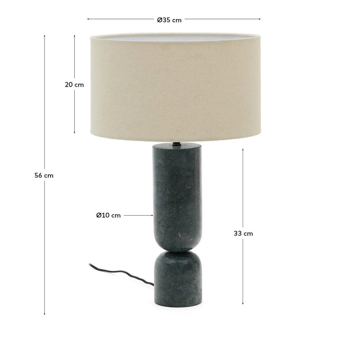 Lampa stołowa VEX zielony marmur z szarym lnianym kloszem – wymiary