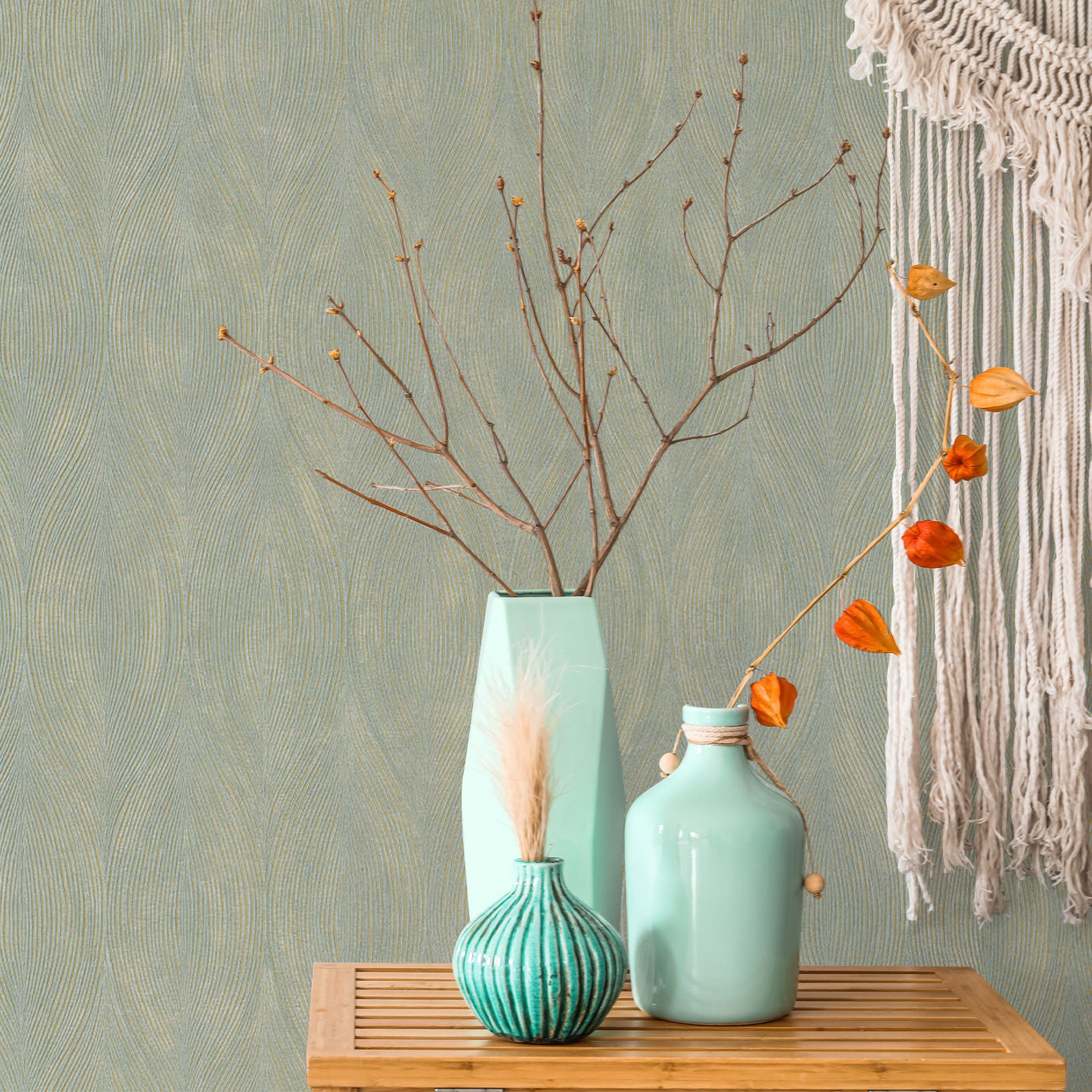 Metallic textured wallpaper with abstract pattern KERAMOS - OPALINE/DORÉ muted green