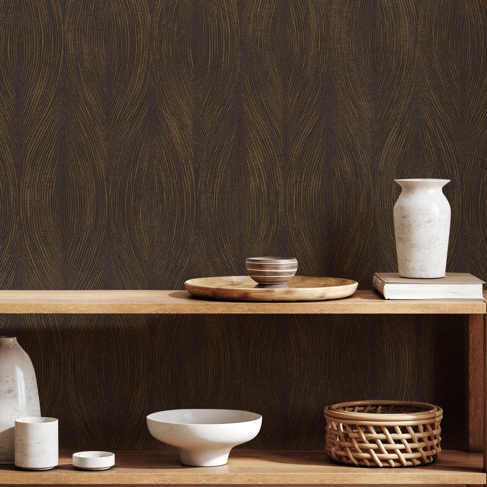 Tapeta štrukturálna metalická s abstraktným vzorom KERAMOS - ÉBÈNE/DORÉ tmavohnedá