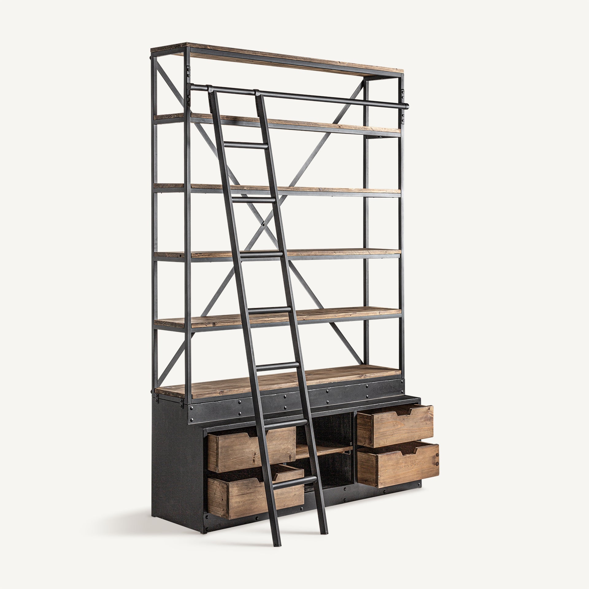 IVALO Bookshelf made of recycled pine wood with a metal finish