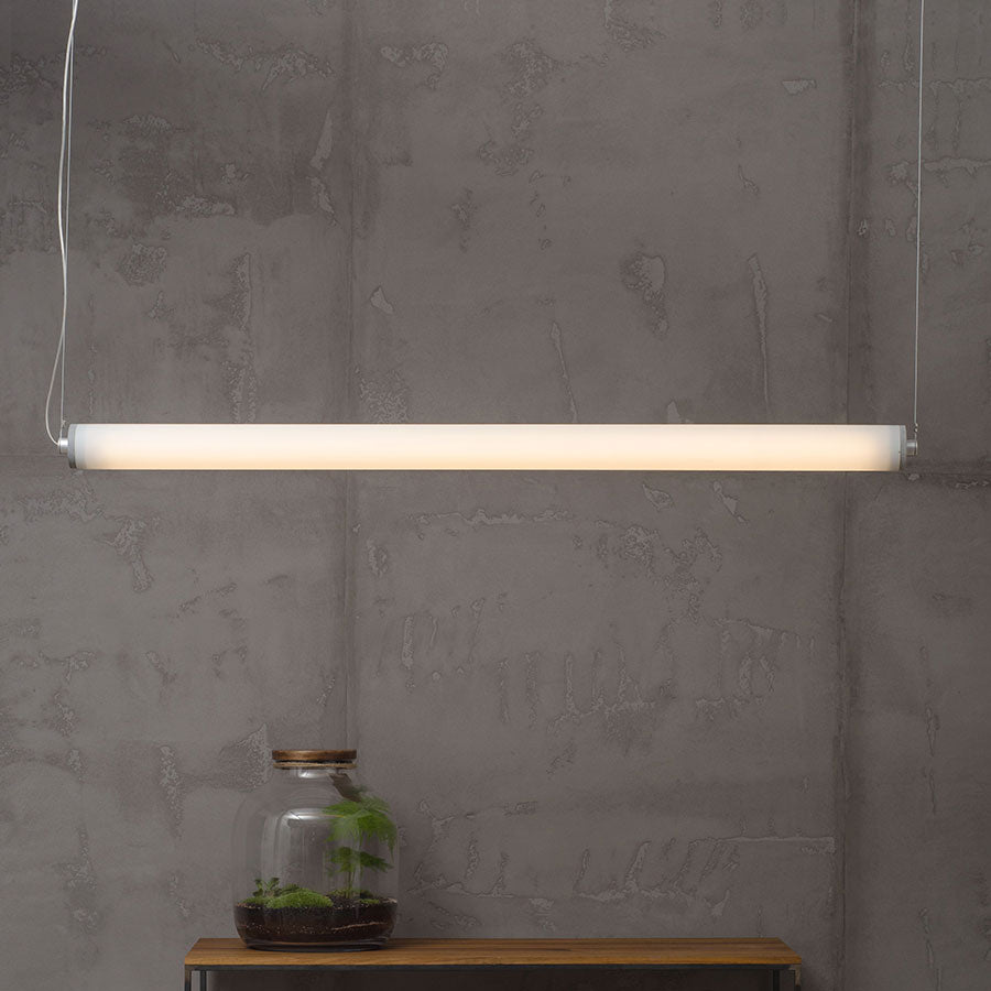 LONGA horizontal pendant lamp with a milky shade and concrete detail