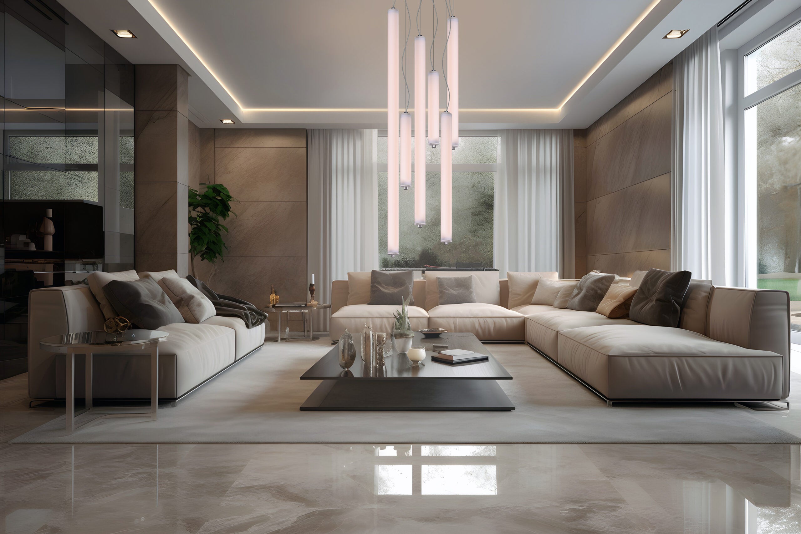 LONGA vertical pendant lamp with a milky shade and concrete detail