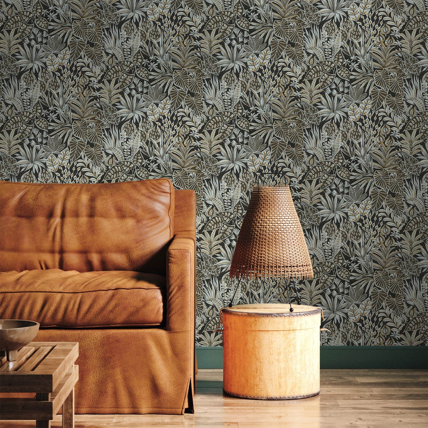 Tapeta so štruktúrou a rastlinným motívom listov MADHUCA - NOIR čierna so zlatou