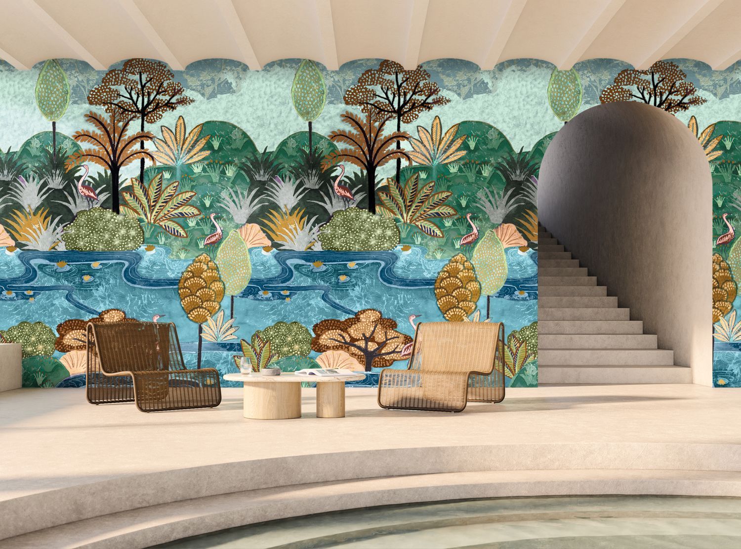 Nástenná maľba s rastlinným a zvieracím motívom vtákov ARUBA - MULTICOULEURS zelená s modrou