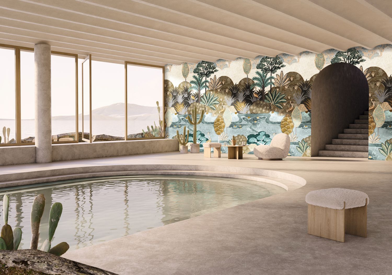 Nástenná maľba s rastlinným a zvieracím motívom vtákov ARUBA - CELADON/MORDORÉ seledínová s hnedou