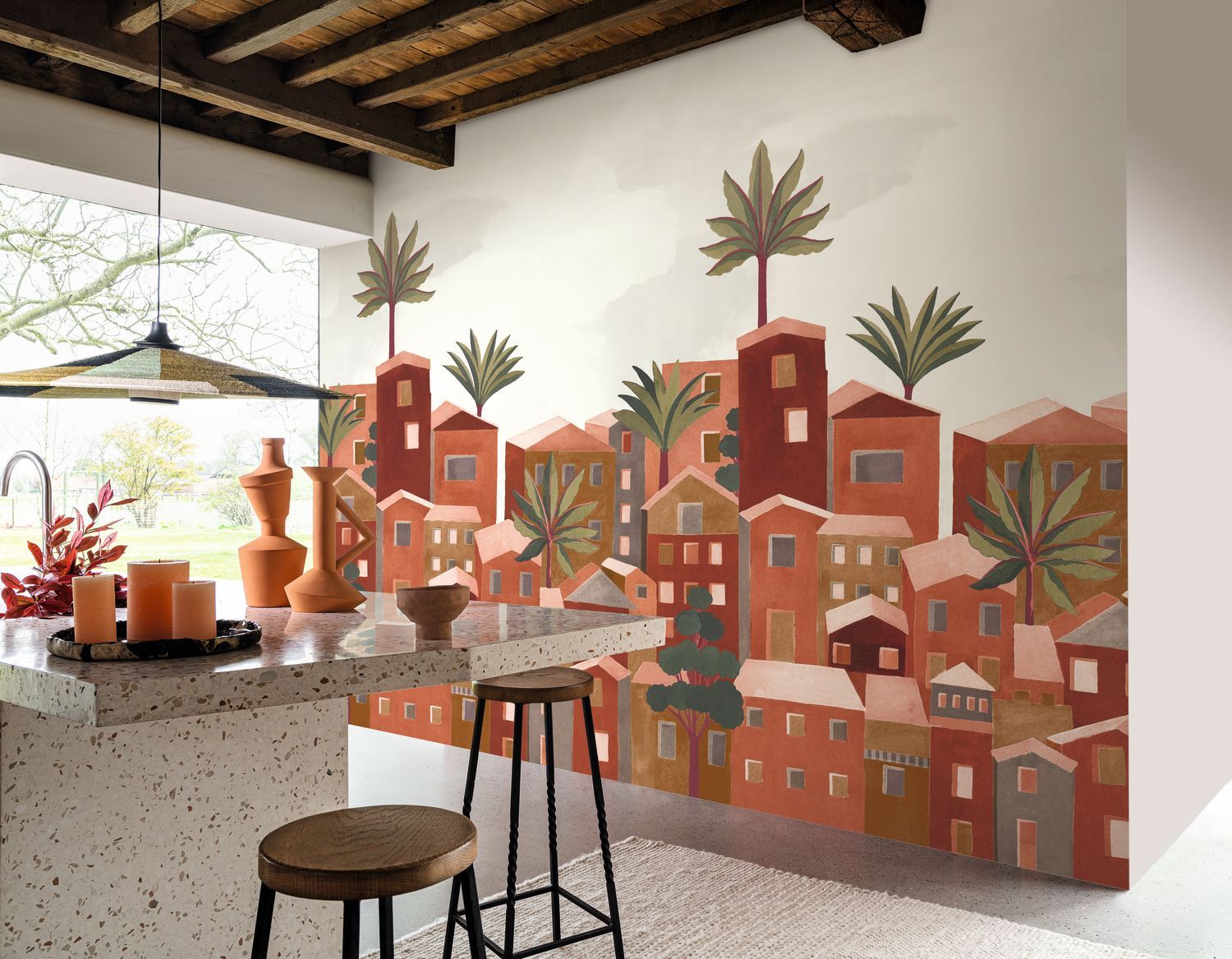 Nástenná maľba s mestskou krajinou budov VILA VIELA INT - TERAKOTA terakota