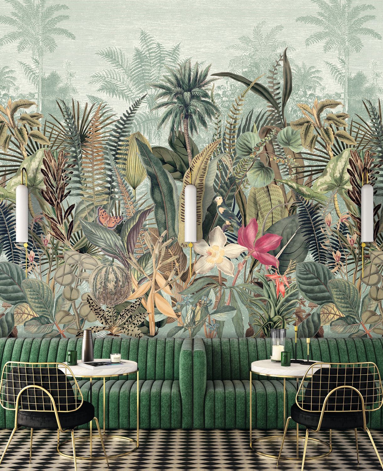 Nástenná maľba s rastlinným motívom DAINTREE - CELADON/KAKI seledínová s khaki