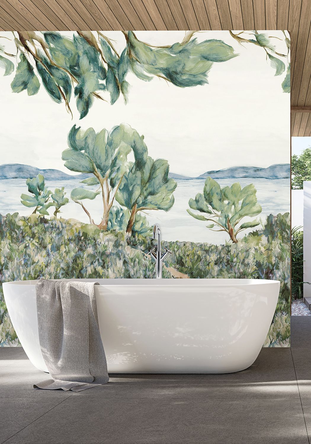 Nástenná maľba s rastlinnou krajinou FELIX - SAUGE/CELADON seledynový s modrou