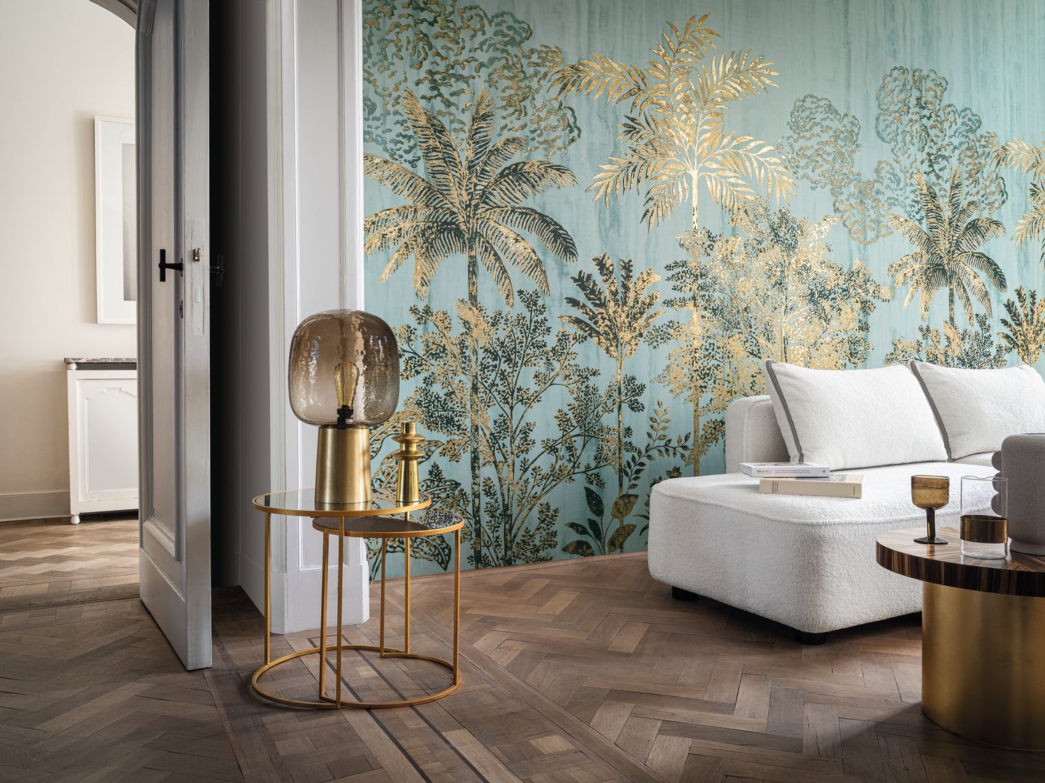 Nástenná maľba s rastlinným motívom palmy SIWA - OPALINE/DORÉ zelená so zlatou