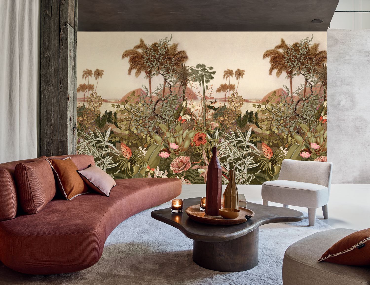 Nástenná maľba s tropickými palmami KISAMA béžová so zelenou