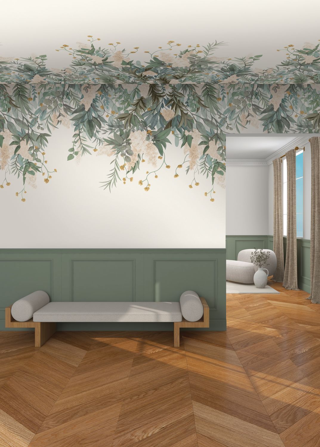 Wisteria Leaf Green and Beige Floral Mural