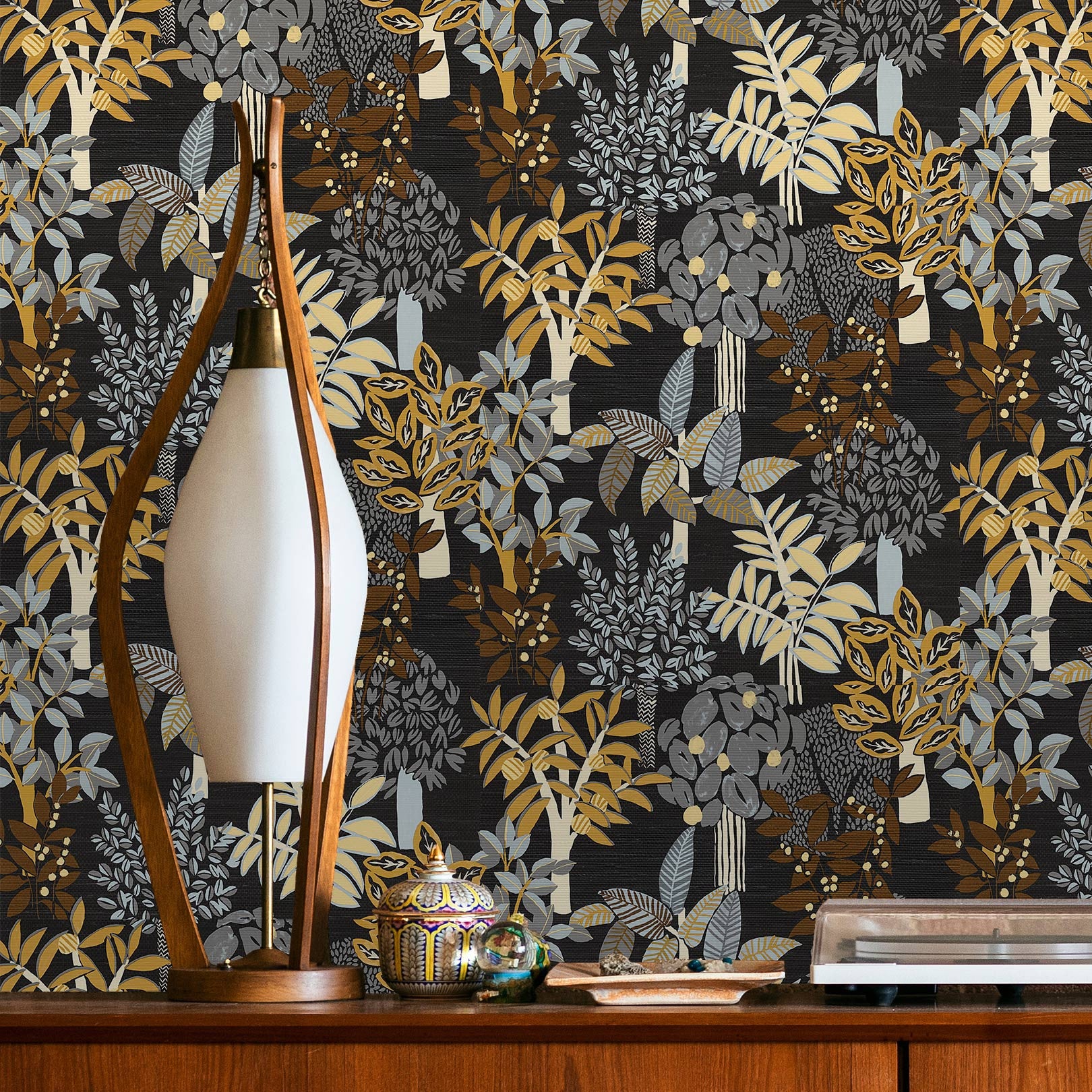 Tapeta so štruktúrou a rastlinným motívom PERADENIYA - NOIR/ACIER čierna so šedou